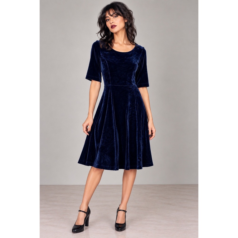 Dark Academia Old Money Blue Velvet Fit Flare Dress Lands End M